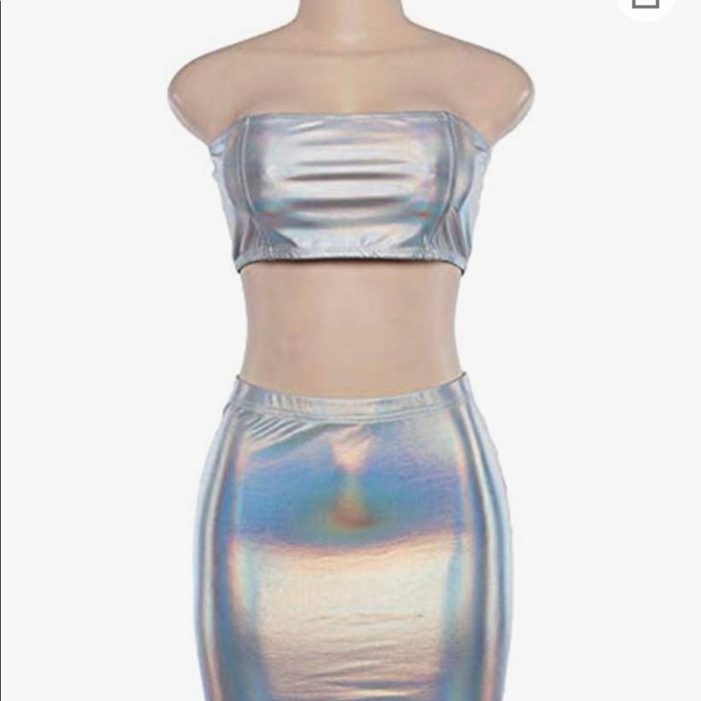 Silver Iridescent strap top mini skirt set